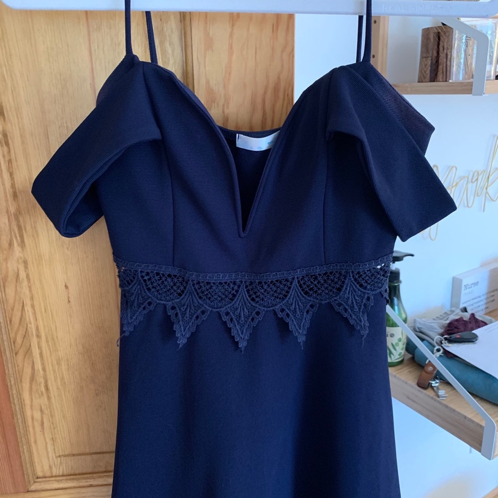 Navy off shoulder cocktail dress